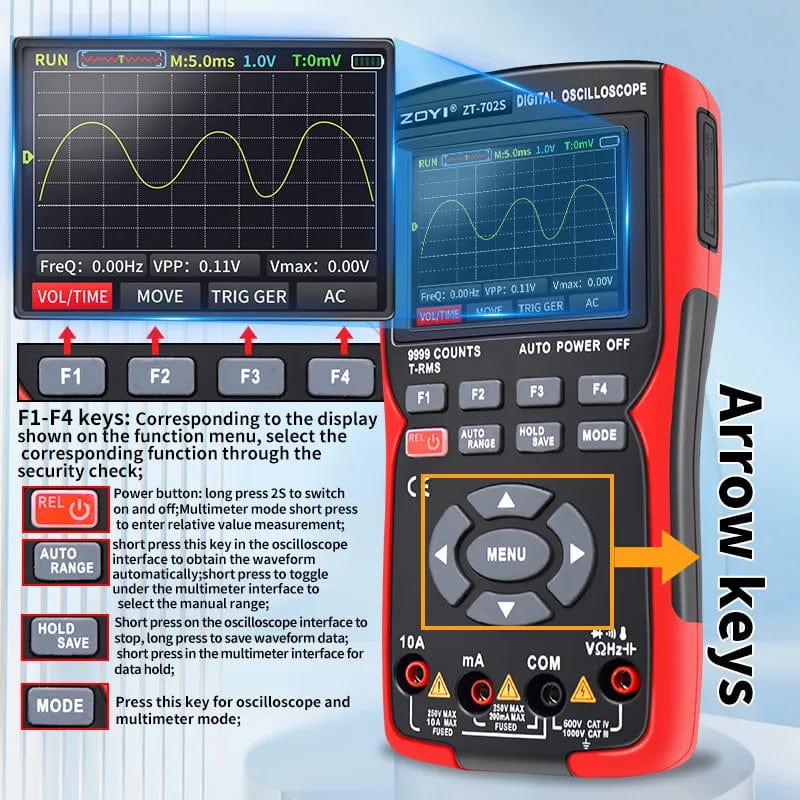 ZT-702S 2In1 Digital Oscilloscope Multimeter Real-time sampling rate 48MSa/s True RMS 1000V Professional Tester with 2.8" screen
