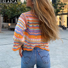 Cardigan Top Women Long Sleeve Single Button Decorated Slim Rainbow Striped Patchwork Women's Sweater Spring Autumn Fashion 2022