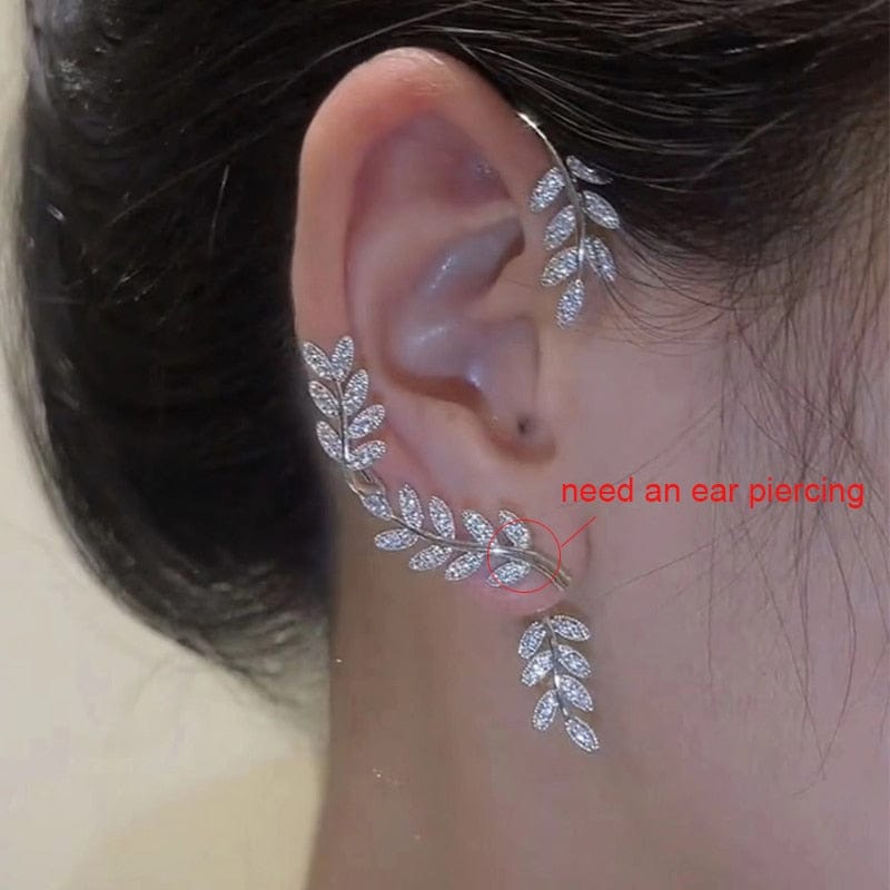 Silver Plated Metal Leaf Butterfly Clip Earrings for Women Ear Clips Without Piercing Sparkling Zircon Ear Cuff Fashion Jewelry