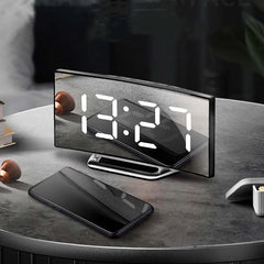 Curved Screen Digital Alarm Clock Temperature Date 2 Levels Brightness Adjustment Snooze Table Clock 12/24H Night Mode LED Clock