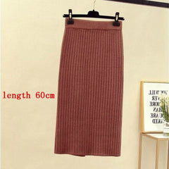 Mid-long Knitted Half-length Skirt Women's High waist One-step Skirt Autumn And Winter Hip Skirt Open-forked Elegant Skirts