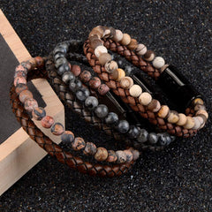 Natural Stone Bracelets Genuine Leather Braided Bracelets Black Stainless Steel Magnetic Clasp Tiger eye Bead Bangle Men Jewelry