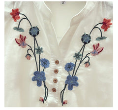 Womens Tops and Blouses Loose Shirts Cotton White Blouse Elegant Embroidery V-Neck Shirts 2023 Summer New Clothes 3140 50