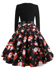 Winter Christmas Dresses Women 50S 60S Vintage Robe Swing Pinup Elegant Party Dress Long Sleeve Casual Print Black