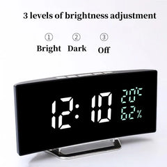 Curved Screen Digital Alarm Clock Temperature Date 2 Levels Brightness Adjustment Snooze Table Clock 12/24H Night Mode LED Clock