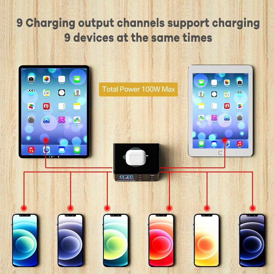 100W Multi USB Charger HUB Quick Charge 3 Type C PD Fast Charger Wireless Charger USB Charging Station For iPhone 13 12 X Xiaomi