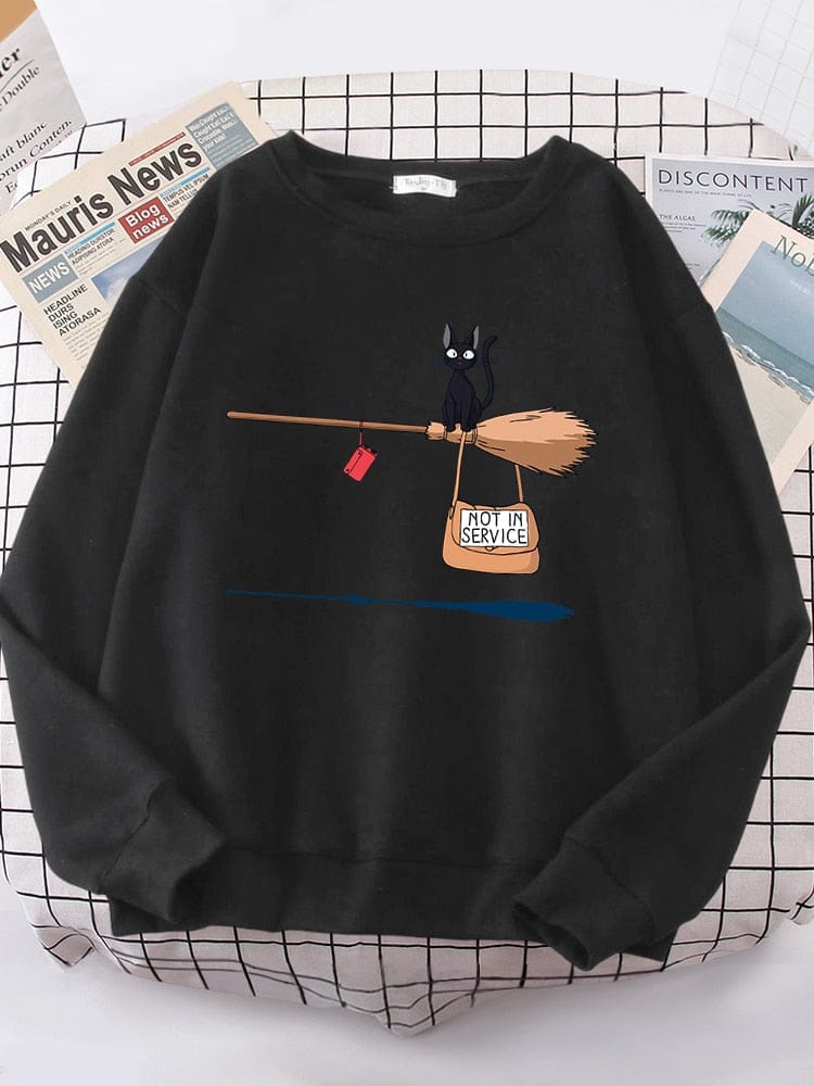 Cute Cat Not In Service Print Hoodies Women Casual Crewneck Sportswear Fleece Warm Fleece Sweatshirt Loose Hoody Autumn Clothes