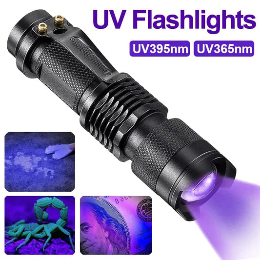 LED UV Torch Flashlight 365/395nm Portable Mini Ultraviolet Torch Waterproof Zoomable Violet Light Pet Urine Scorpion Detector UV Lamp