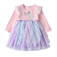 VIKITA Autumn Girls Dress Butterfly Sequins Kids Long Sleeve Dresses Baby Girls Princess Dress Party Clothes Birthday Dresses