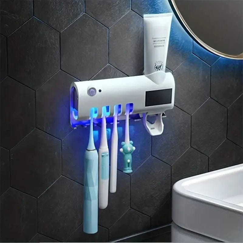 Toothbrush Sanitiser, Free Punching Wall Mounted Toothbrush Holder, Automatic Squeeze Toothpaste Device