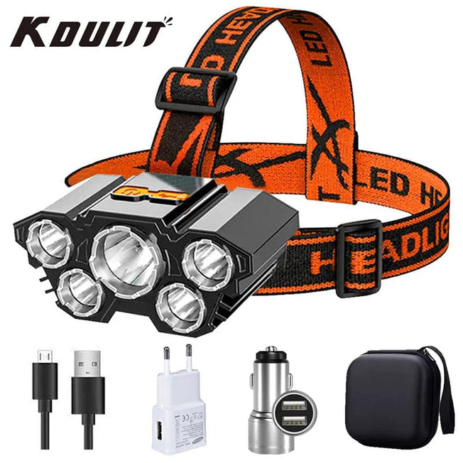 Led Head Torch USB Rechargeable Headlamp 5LED Headlight Built in Battery Torch Portable Working Light Fishing Camping Light