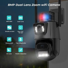 8MP 4K Wifi Camera Dual Lens Ai Auto Tracking Waterproof Security CCTV Video Surveillance Camera Police Light Alarm IP Camera