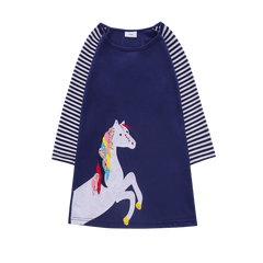 Girls Long Sleeve Star Embroidered Dress Girls Autumn New Style Two Pocket Rainbow Striped Sleeve Cotton Dress LH5809