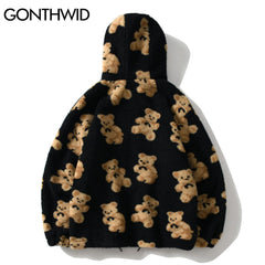 GONTHWID Fleece Hooded Jackets Streetwear Casual Harajuku Hip Hop Men Women Fashion Bear Print Full Zip Hooded Coat Tops Outwear