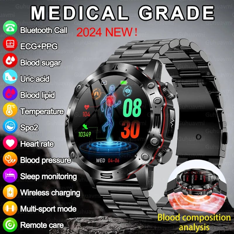 Blood Lipids Uric Acid Blood Glucose Smart Watch For Men ECG+PPG Fitness Tracker Clock Bluetooth Call Health Smartwatch