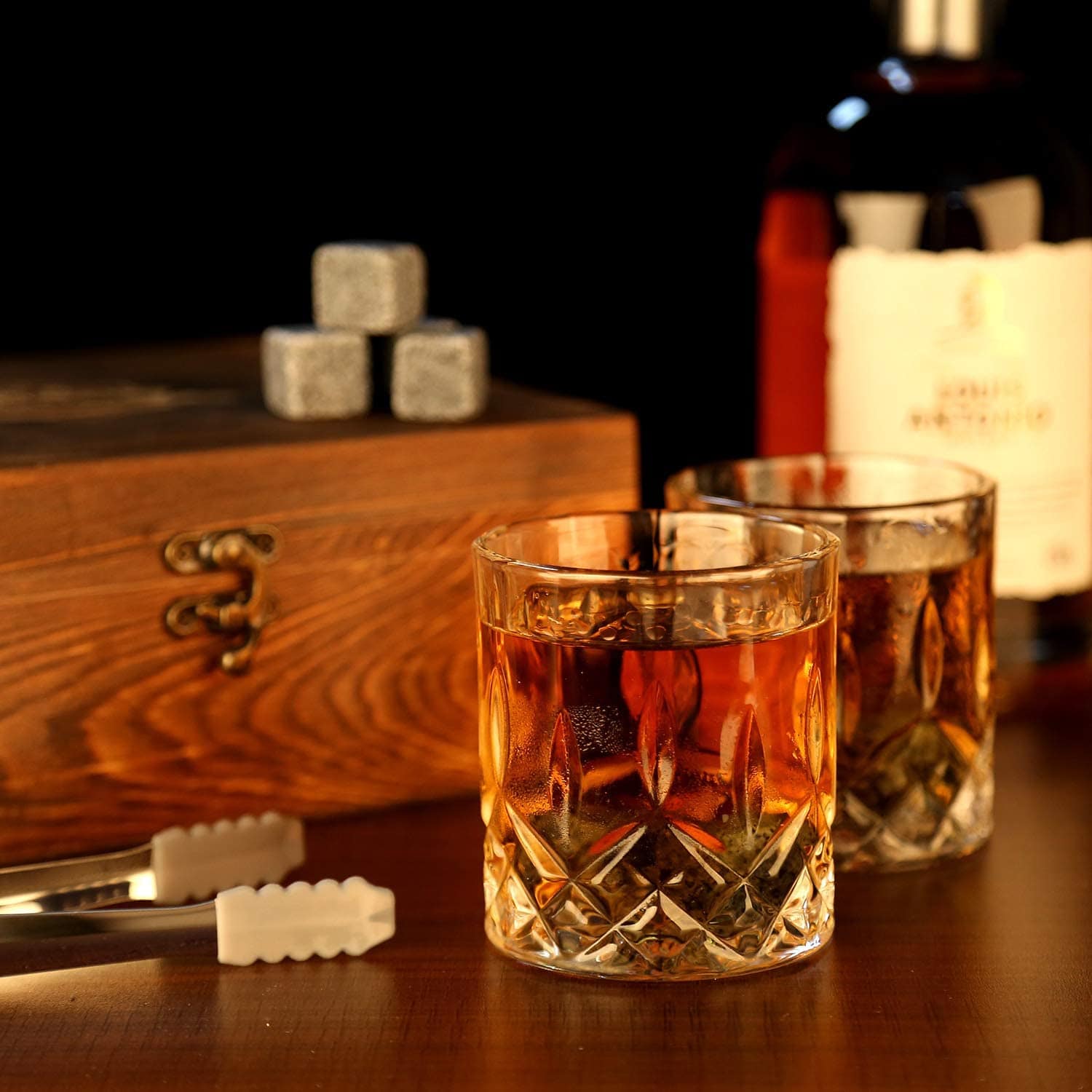 Whiskey Stones & Glasses Set, Granite Ice Cube For Whisky, Whiski Chilling Rocks In Wooden Box, Best Gift For Dad Husband Men - Wowza