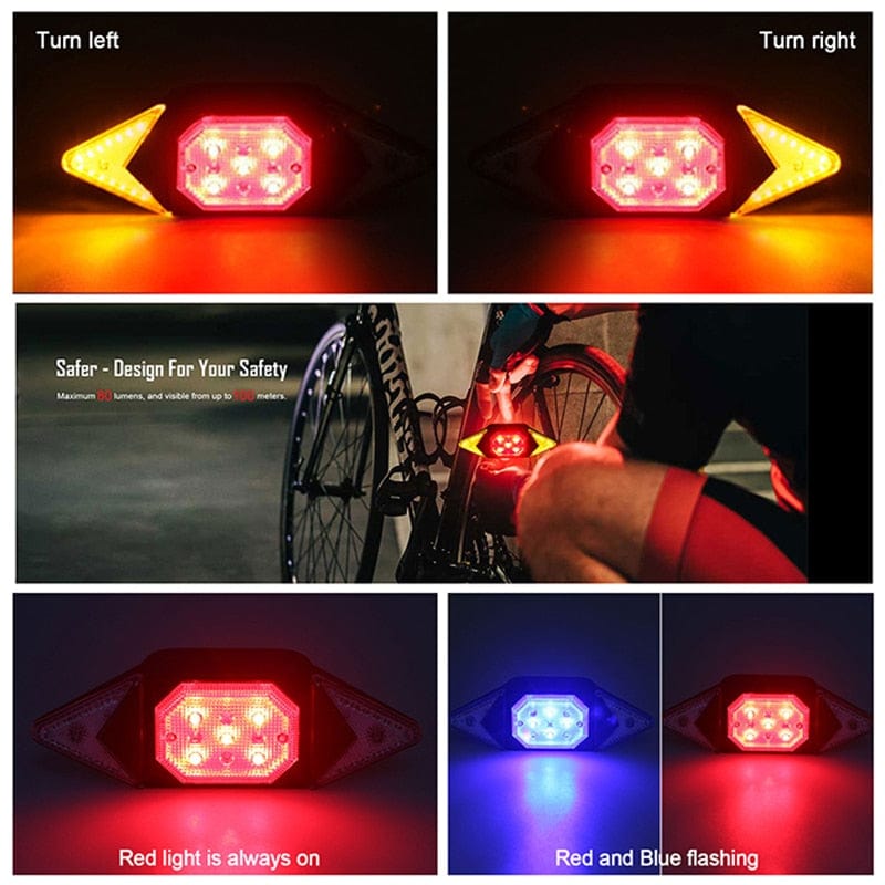 Smart Bike Light Wireless Remote Control Cycling Turning Signal Taillight USB Bicycle Rechargeable Rear Light LED Warning Lamp