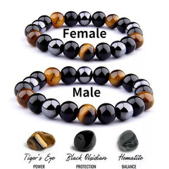 Natural Stone Bracelet Tiger Eye Triple Protection Hematite and Black Obsidian Bracelet Couples Bracelets Weight Loss Jewelry