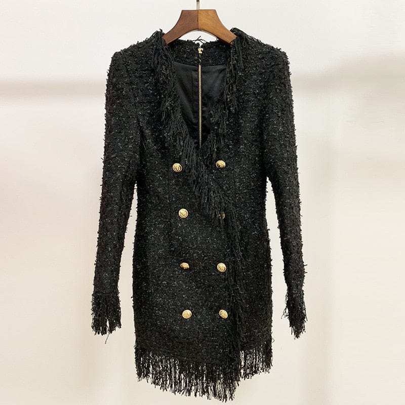 HIGH QUALITY Newest 2023 Designer Runway Women's Long Sleeve Metal Lion Buttons Fringed Tweed Tassel Dress