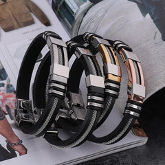 Stainless Steel Bracelets Men Wrist Band Black Grooved Rudder Silicone Mesh Link Insert Punk Wristband Casual Bangles