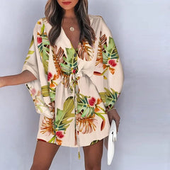 New Summer Women Elegant Dresses Sexy V Neck Lace-up Floral Printed Mini Dress Casual Flared Sleeve Irregular Ladies Party Dress