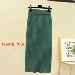 Mid-long Knitted Half-length Skirt Women's High waist One-step Skirt Autumn And Winter Hip Skirt Open-forked Elegant Skirts