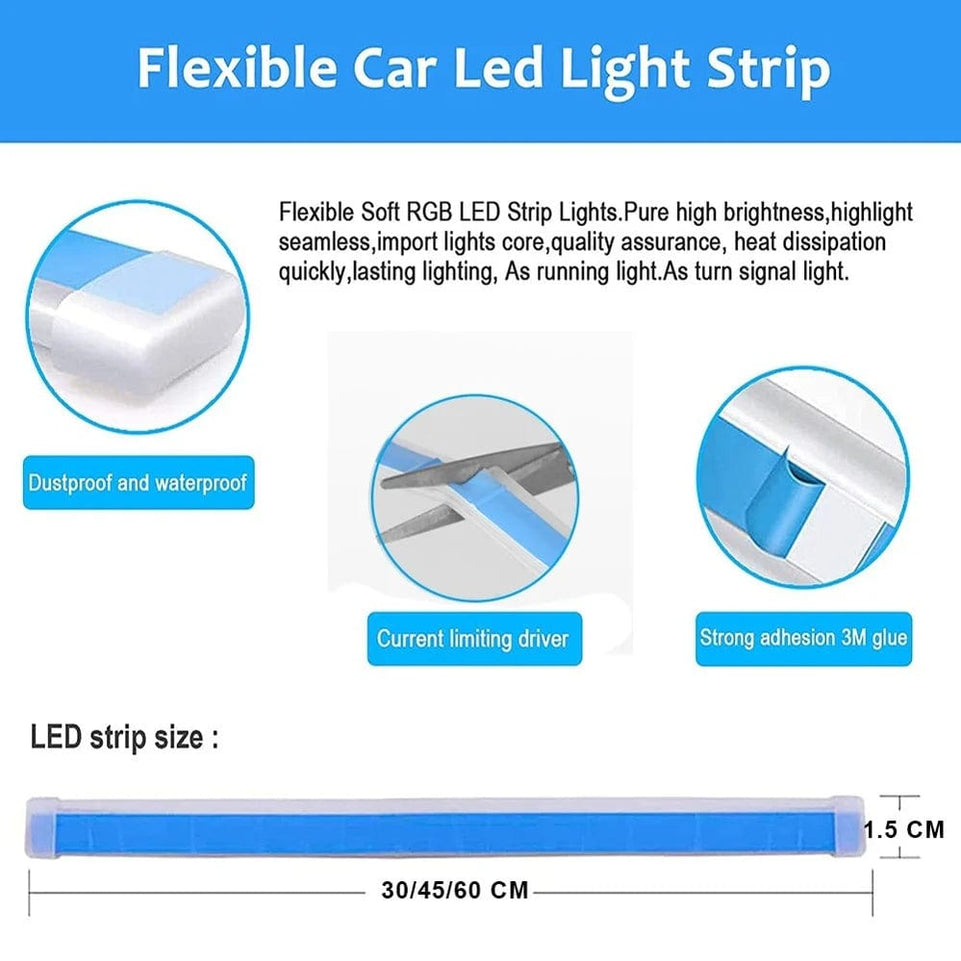 2pcs 12V LED DRL Car Daytime Running Light Flexible Waterproof Strip Auto Headlights White Turn Signal Yellow Brake Flow Lights