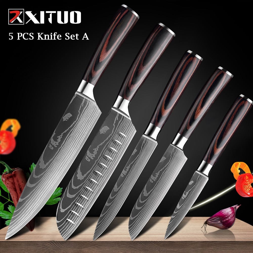 XITUO Chef knife 1-10 Pcs Set Kitchen Knives Laser Damascus Pattern Sharp Japanese Santoku Knife Cleaver Slicing Utility Knife - Wowza