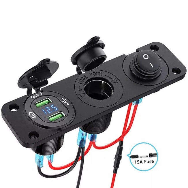 12V Cigarette Lighter Socket 3 in 1 Waterproof Car Dual QC3.0 USB Outlet Panel for RV Marine Boat Power Socket Charger Socket