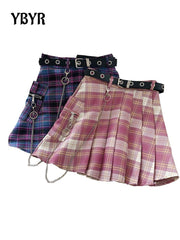 Harajuku Plaid Skirt Women Punk y2k High Waist Mini Tennis Skirts Uniform Chain Pocket A-line Streetwear Vintage Free Belt