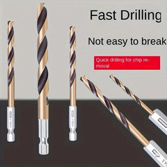 A set of hexagonal shank titanium coated high-speed steel cobalt bits for metal, wood, copper, aluminum, stainless steel