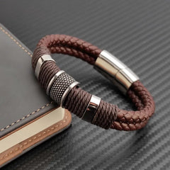 Vintage Multilayer Brown Genuine Leather Men Bracelet Stone Bead Bracelet Stainless Steel Jewelry Male Wrist Bangle Gift