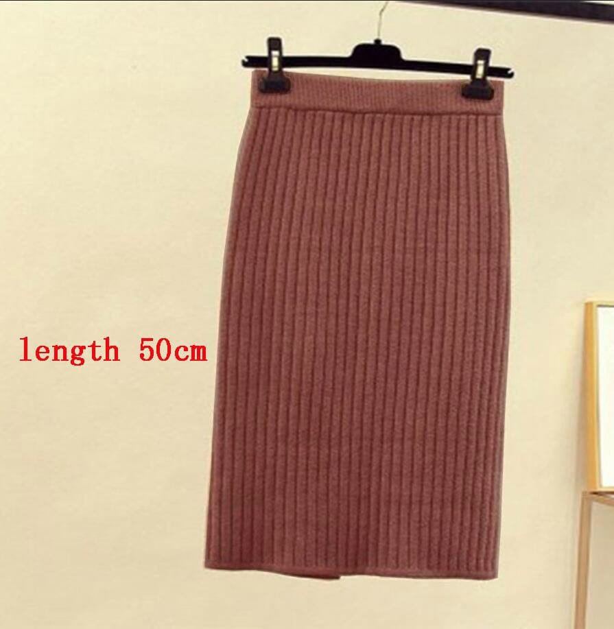 Mid-long Knitted Half-length Skirt Women's High waist One-step Skirt Autumn And Winter Hip Skirt Open-forked Elegant Skirts