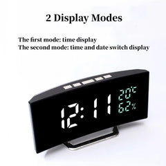 Curved Screen Digital Alarm Clock Temperature Date 2 Levels Brightness Adjustment Snooze Table Clock 12/24H Night Mode LED Clock