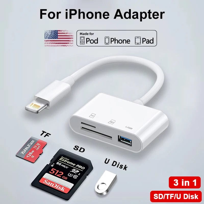 3 in 1 SD TF Memory Card Reader for Apple iPhone 14 13 12 11 15 Pro Max XS XR USB Camera OTG Adapter for iPad Laptop Card reader