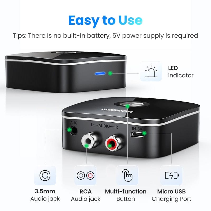 UGREEN Bluetooth Receiver 5.1 Wireless Auido Music 3.5 mm RCA aptX HD Low Latency Music Bluetooth 5.0 Sound 3.5mm 2RCA Adapter