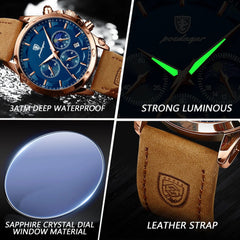 POEDAGAR Men Quartz Watch Luxury Sports Waterproof Chronograph Luminous Date Man Wristwatch Business Leather Men's Watches Clock