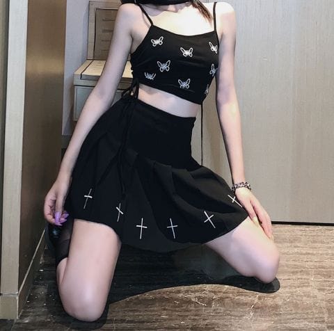 Black High Waist Mini Skirts Punk Pleated Vintage Skirt Gothic Streetwear Cross Print Pleated Women Skirts Lolita Harajuku Skirt