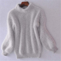 White Mohair Thicken Turtleneck Sweater Autumn Winter Sweet Fashion Lantern Sleeve Casual Solid Color Pullover pull femme