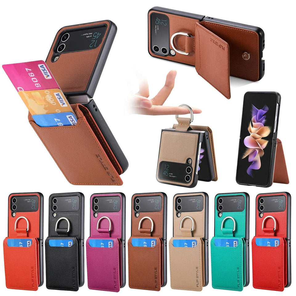 Wallet Phone Case For Samsung Z Flip 4 Finger Ring Card Holder Stand Shockproof Lychee Pattern PU Leather Cover For Z Flip 1 2 3