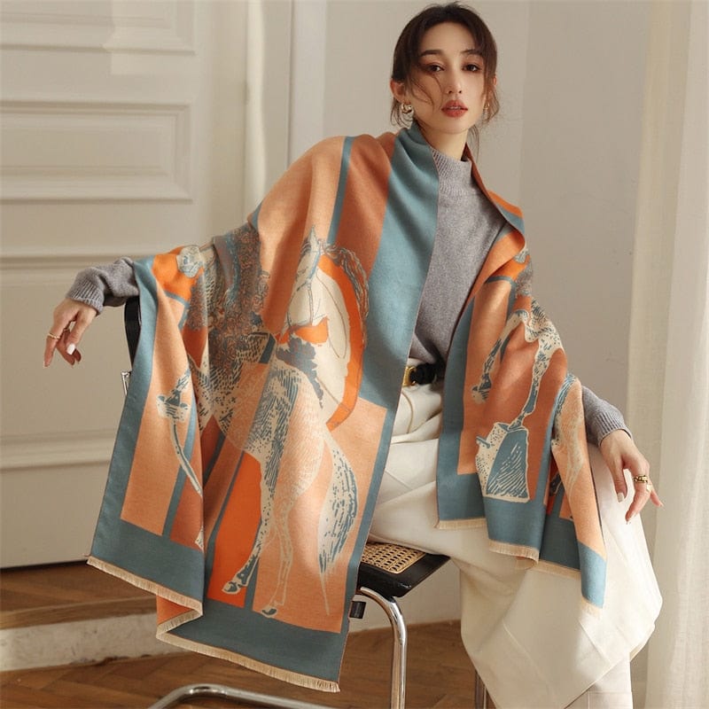 Luxury Horse Print Scarf Women Cashmere Winter Warm Scarves Brand Pashmina Shawls Lady Wraps Bufanda Thick Bandana
