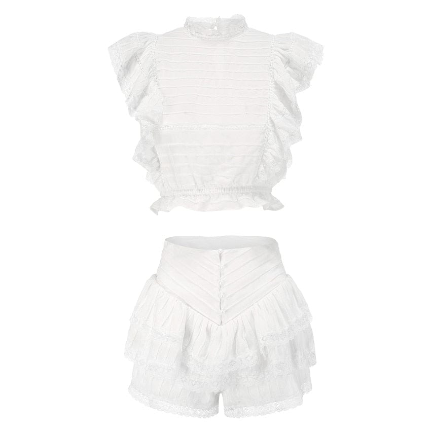 High Quality 2023 Sunday Set elastic waistband Cropped top with ruffle detail and cute ruffle mini shorts skirts