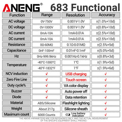 ANENG 683 Smart Multimeter High-end Touch 6000 Counts Multimetro Test Rechargeable Multitester AC/DC Voltage Tester Current Tool