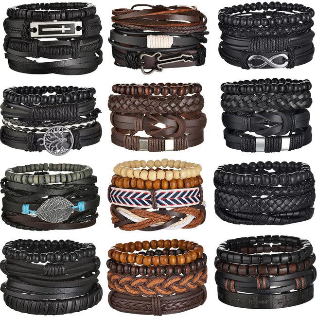 Set Braided Wrap Leather Bracelet for Men Vintage Life Tree Guitar Wood Beads Fashion Male Bracelets Wristband