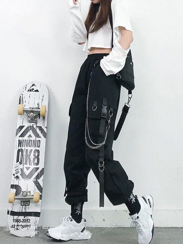 Women Cargo Pants  Harem Pants Fashion Punk Pockets Jogger Trousers With Chain Harajuku Elastics High Waist Streetwear