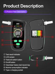 Alcohol Tester Rechargeable Digital Breath Tester Breathalyser Gas Alcohol Detector for Personal & Professional Use