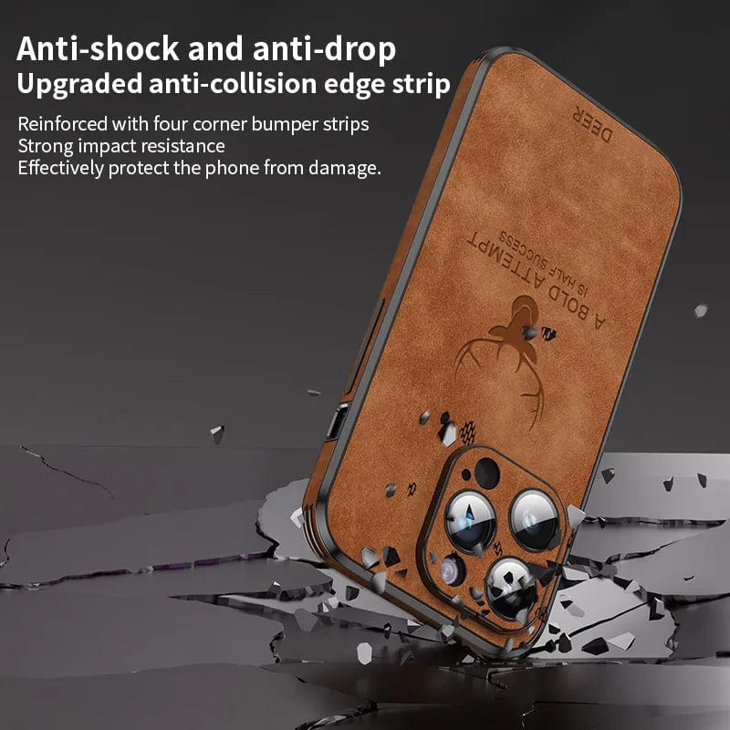 Luxury Deer Leather Phone Case For iPhone 14 13 12 15 Pro Max Lens Glass Bumper Shockproof Silicone Cellphone Cover Fundas Coque