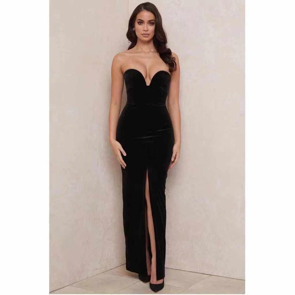 Ailigou High Quality Fashion Black Elegant V Neck Bandage Dress Front Slit Strapless Ladies 2022 New Long Sexy Party Dress