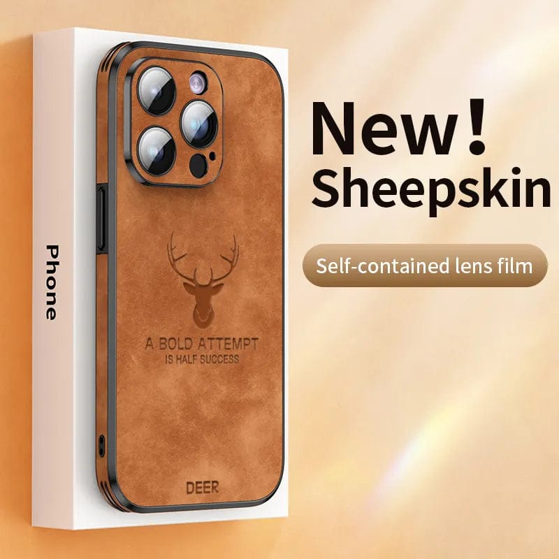 Luxury Deer Leather Phone Case For iPhone 14 13 12 15 Pro Max Lens Glass Bumper Shockproof Silicone Cellphone Cover Fundas Coque