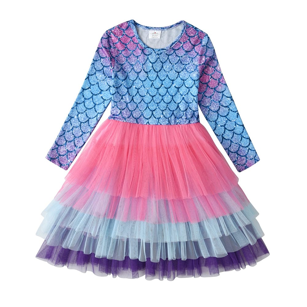 VIKITA Kids Tutu Dress for Girls Long Sleeve Party Prom Vestidos Toddlers Mermaid Unicorn Dresses Kids Princess Autumn Dress